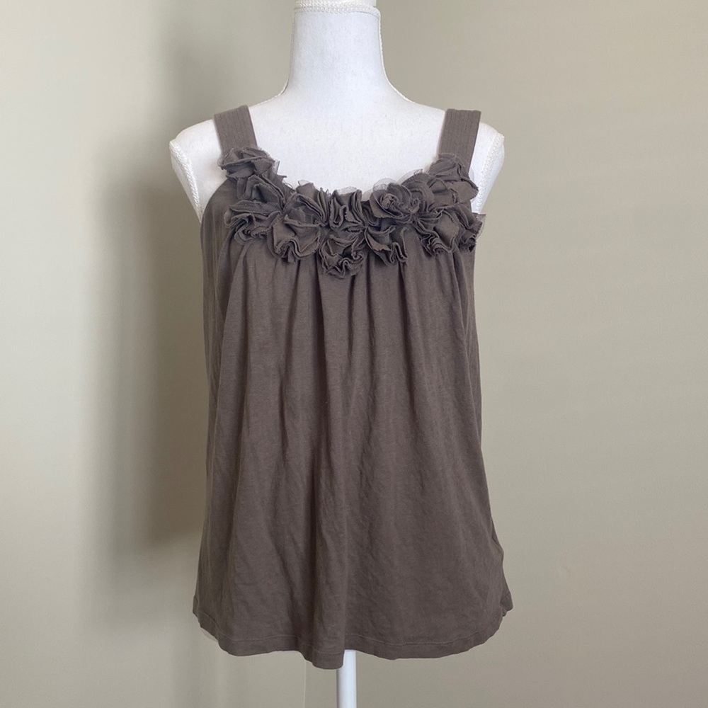 Coffee Brown Tank Top with Ruffle, Floral Front Design
